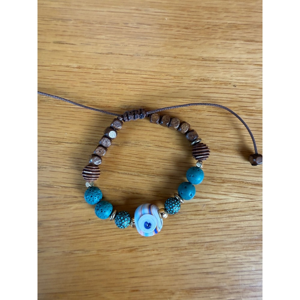 UNBRANDED Evil Eye Lava Stone Wood Bead Bracelet Unisex Blue Brown Adjustable OS